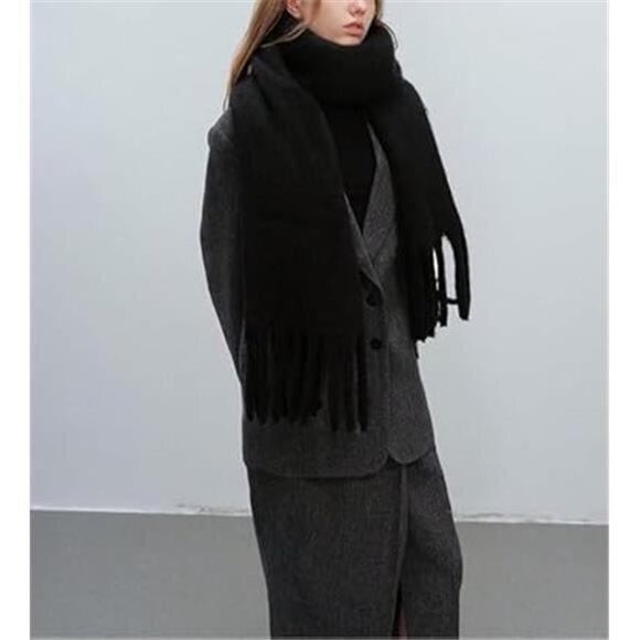 Women Cashmere Feel Scarf, Soft Warm Black - Picture 5 of 6